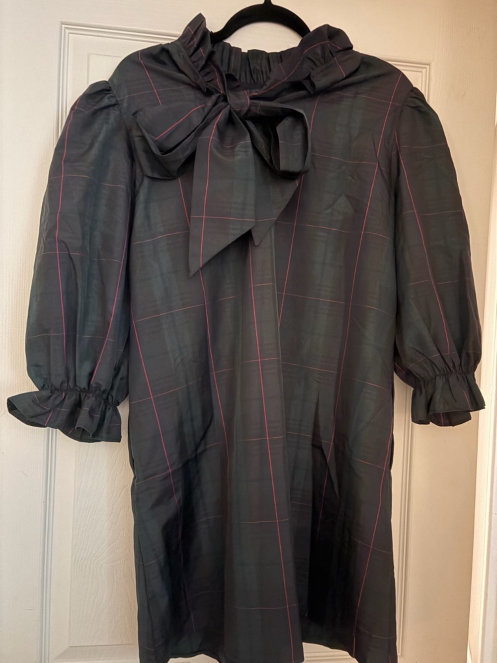 Plaid Bow Neck Tunic Dress in Dark Green with red  Windowpane NWT J.marie